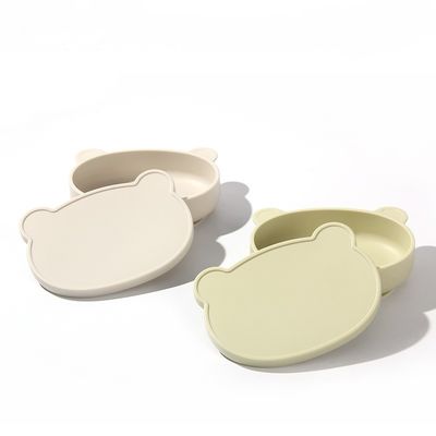 Bát ăn dặm bằng silicon 50K Đĩa đựng thức ăn bổ sung có nắp Bát hoạt hình hình gấu cho trẻ em Bát chống rơi cho trẻ em