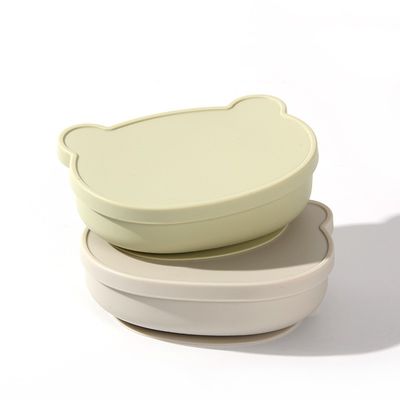 Bát ăn dặm bằng silicon 50K Đĩa đựng thức ăn bổ sung có nắp Bát hoạt hình hình gấu cho trẻ em Bát chống rơi cho trẻ em